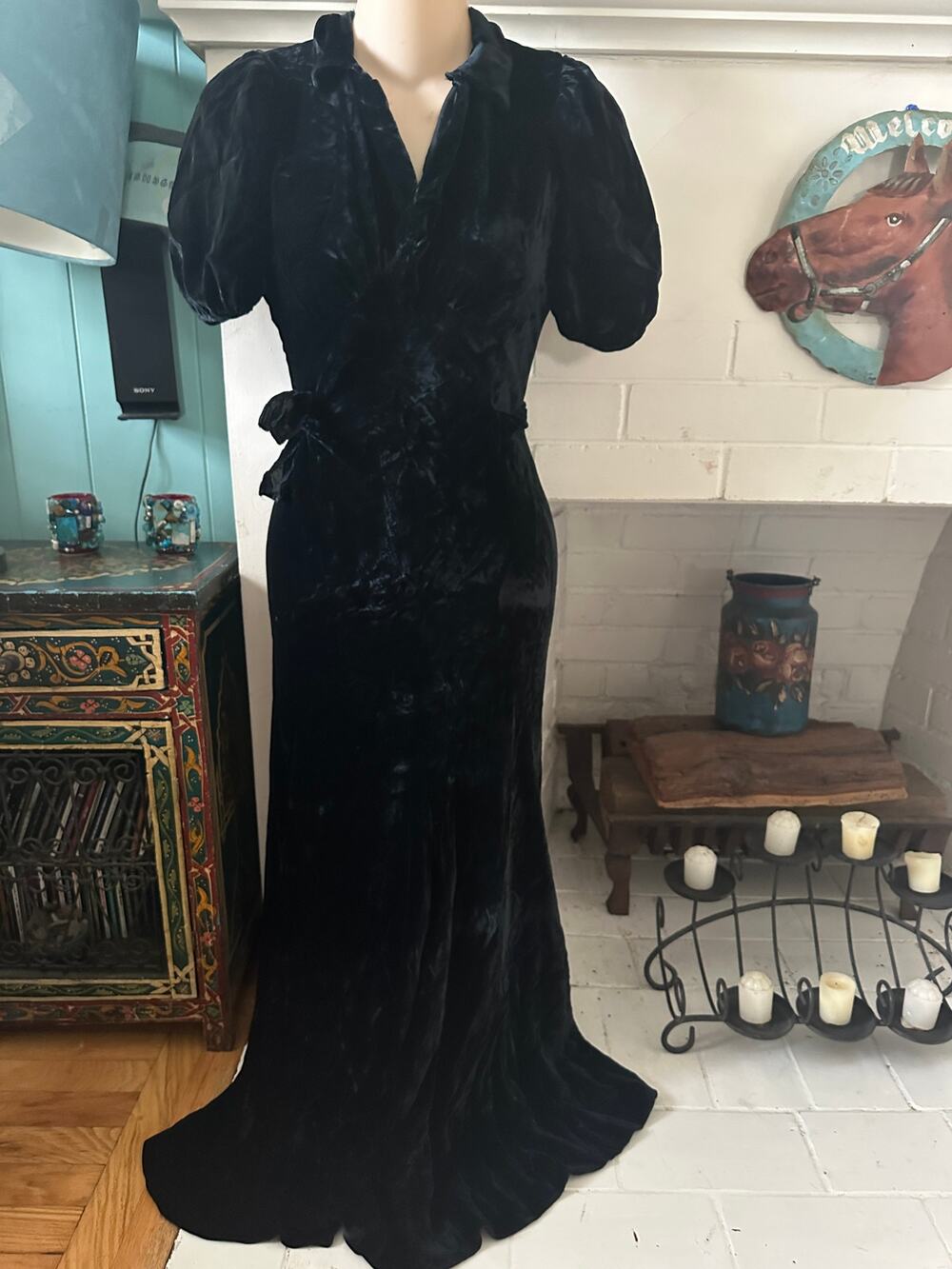 VINTAGE 1930's BLACK SILK VELVET MAXIDRESS HOLLYWOOD EVENING GOWN